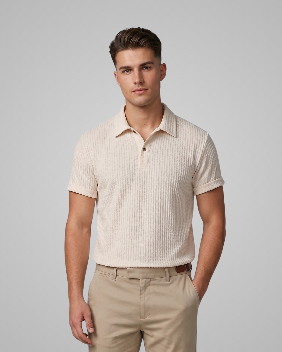 Man wearing a beige striped polo shirt and khaki pants on a gray background