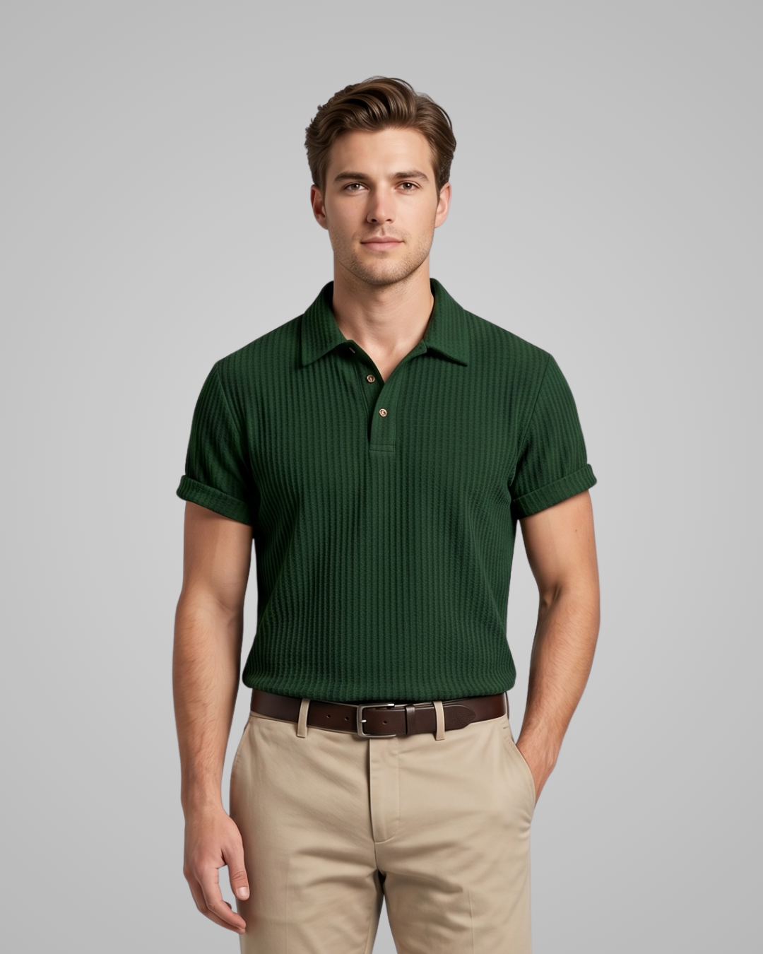 Man wearing a green ribbed polo shirt and beige pants on a gray background