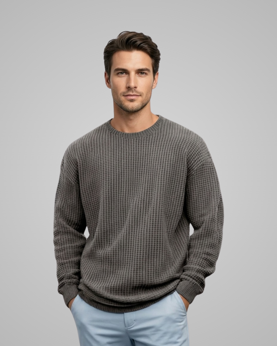 Man wearing a gray textured sweater against a plain background