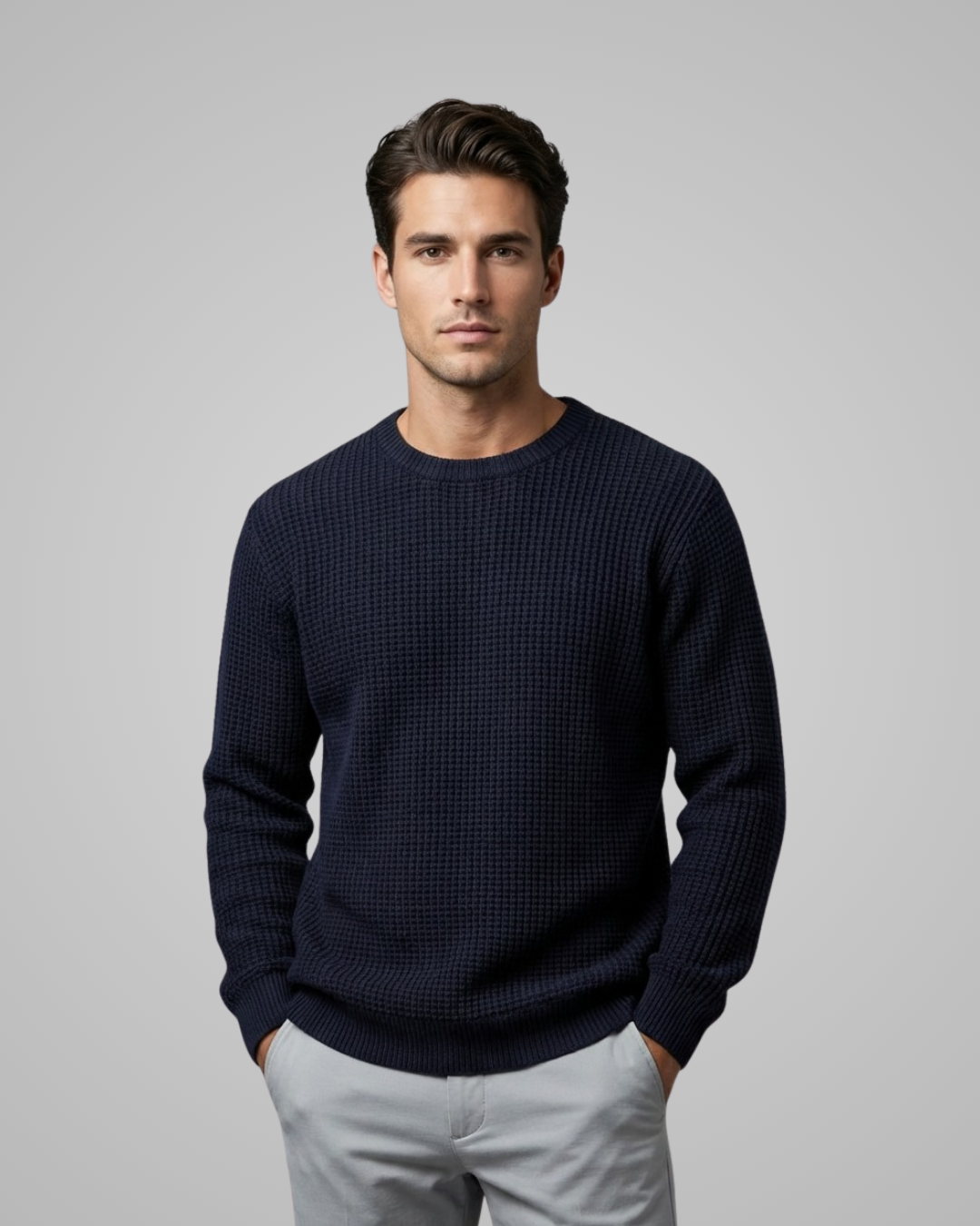 Man wearing a navy blue sweater against a gray background
