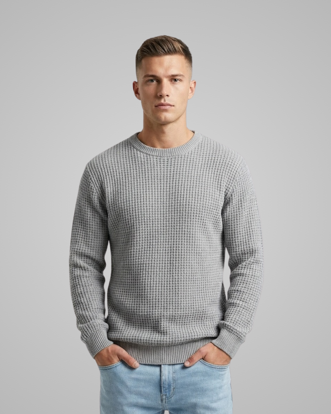 Man wearing a gray checkered sweater and light blue jeans against a gray background