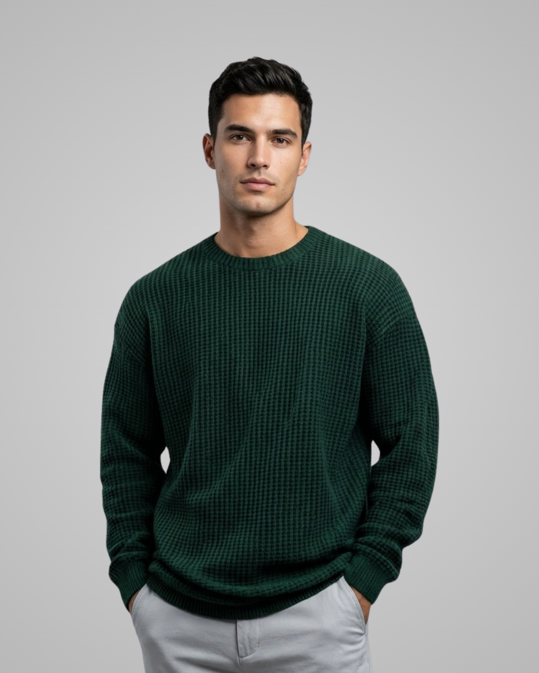 Man wearing a green sweater against a gray background