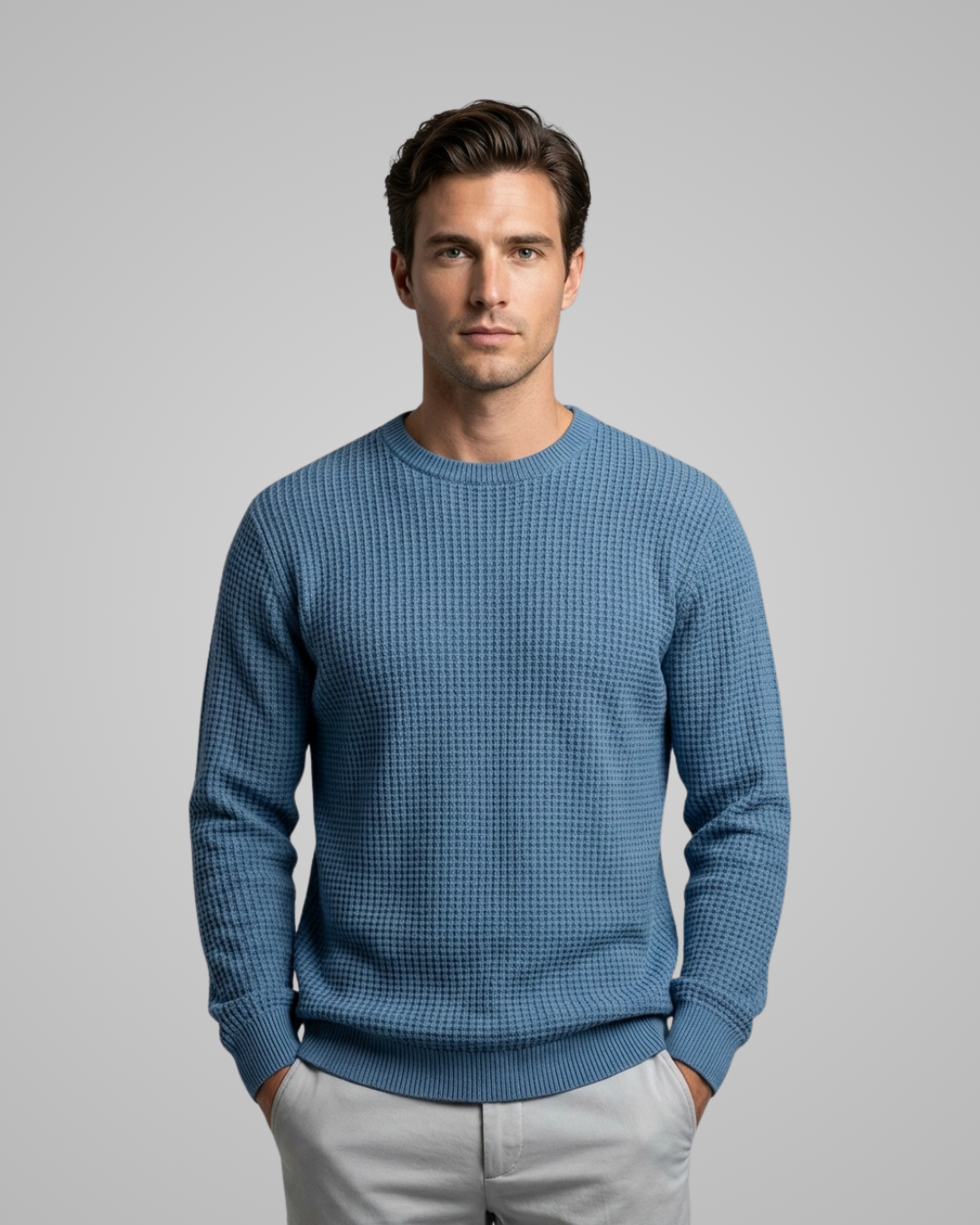 Man wearing a blue textured sweater against a gray background