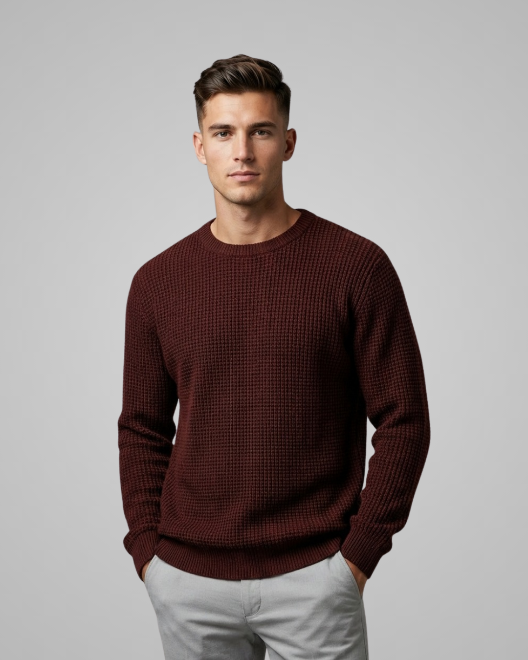 Man wearing a maroon sweater against a gray background