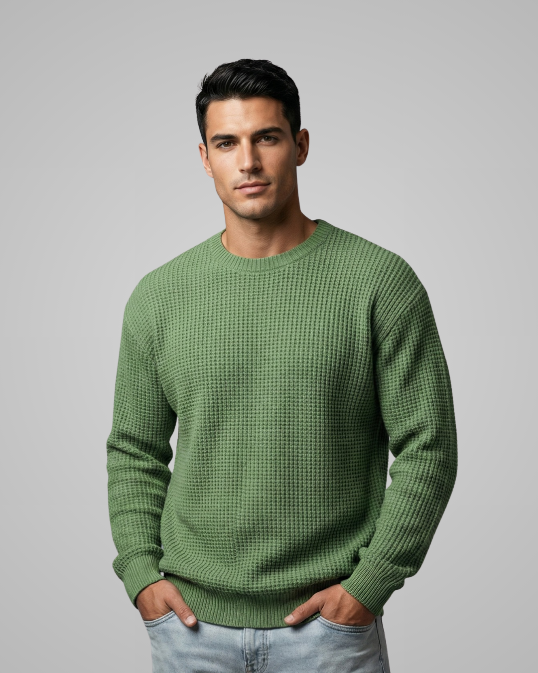 Man wearing a green sweater against a gray background