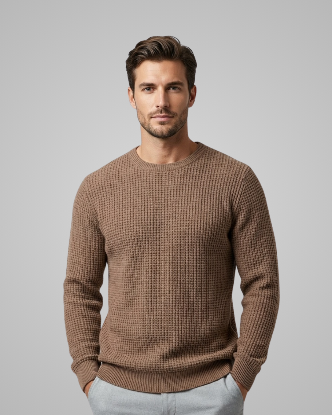 Man wearing a brown sweater against a gray background