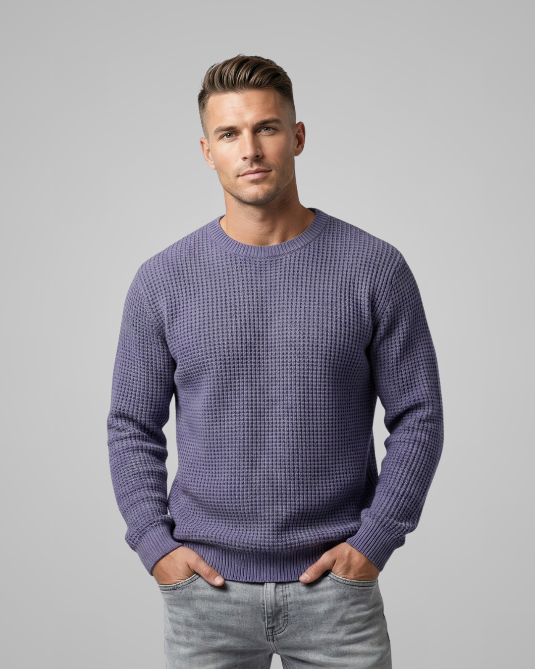 Man wearing a purple textured sweater against a gray background