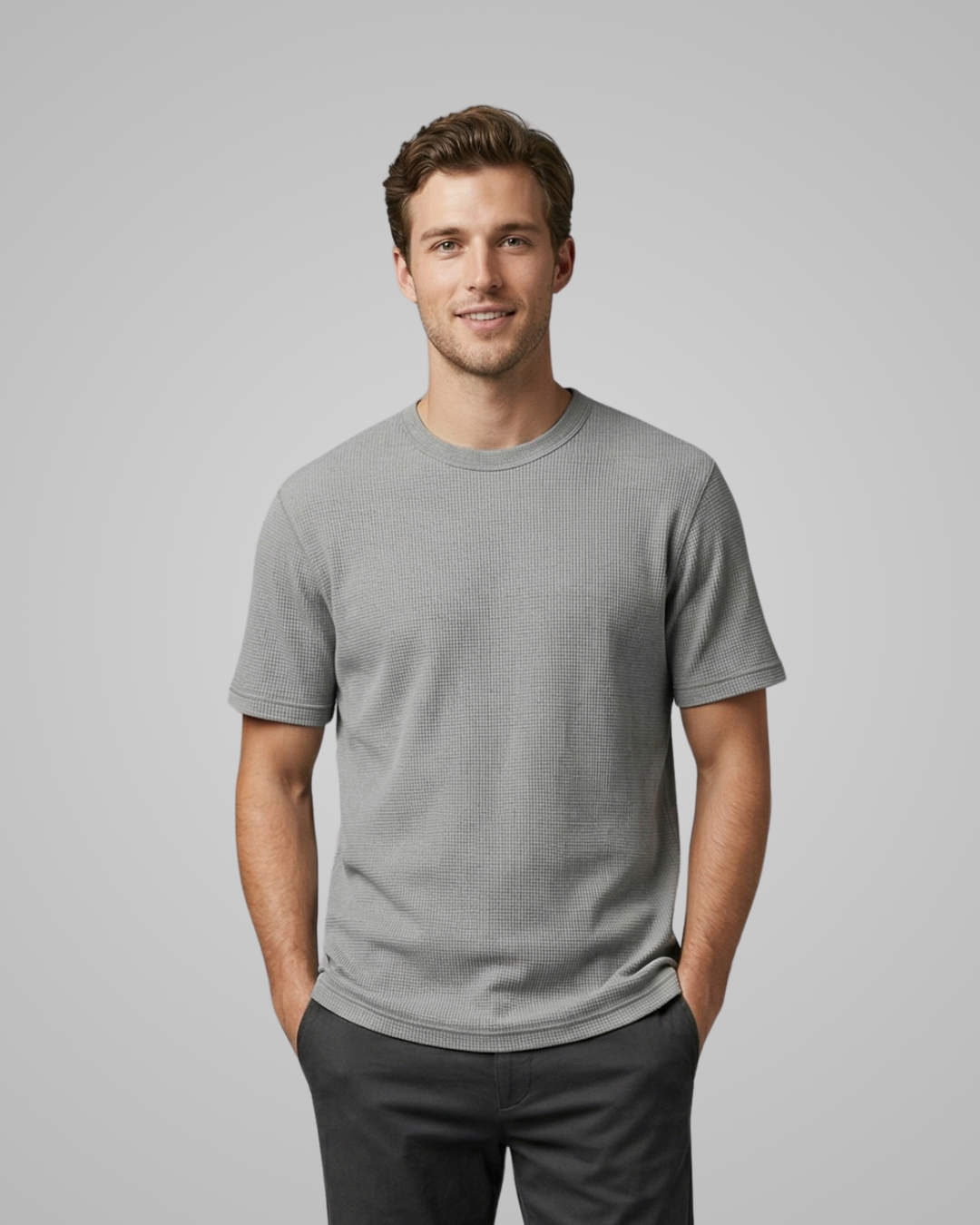 Man wearing a gray t-shirt against a plain background