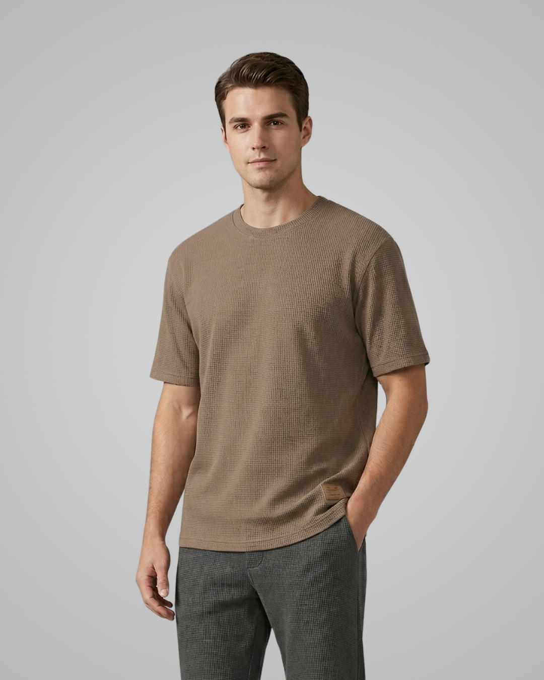 Man wearing a brown t-shirt and gray pants against a plain background