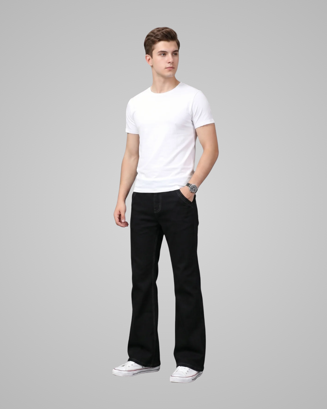 Man wearing a white t-shirt and black pants on a gray background